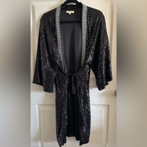 Chelsie & Violet Black Open‎ Front Sequin Duster Jacket Belted Kimono Size XL